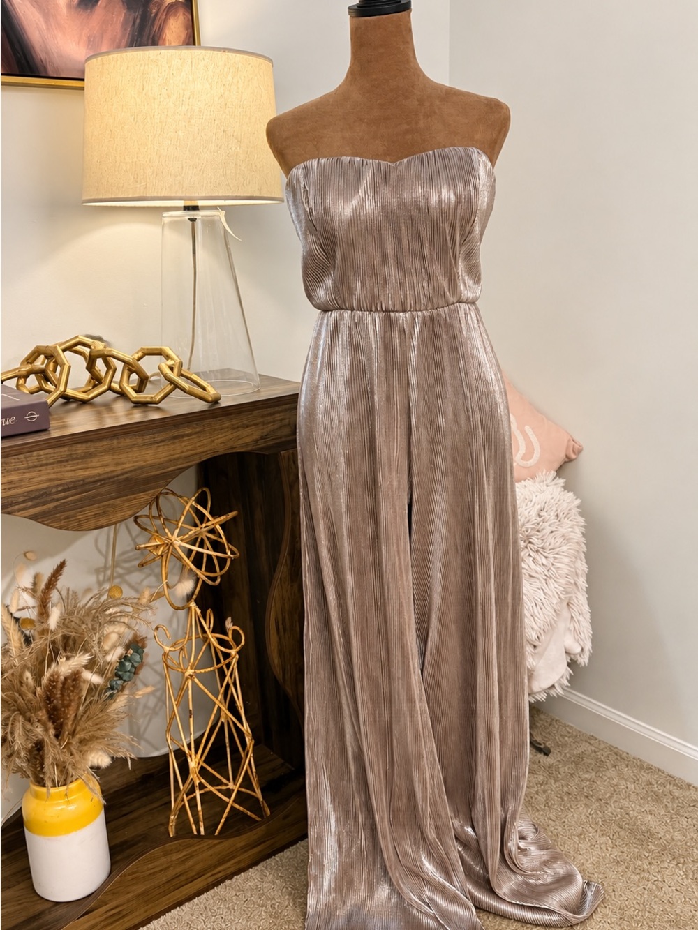 Fashion Nova Metallic Taupe Strapless Wide Leg Jumpsuit